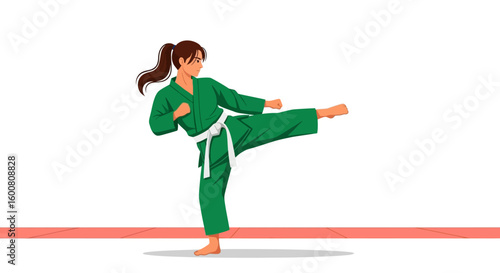 Dynamic martial artist in green uniform executing a powerful side kick with precision and skill on a dojo floor ready for action illustration