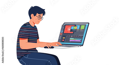 Man using video editing software on his laptop for creative post-production project online work at home