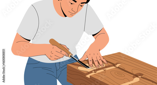 Craftsman meticulously carving intricate design into wood block with precision, showcasing dedication and expertise in woodworking artistry