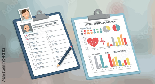 Medical checklist and vital signs analysis on clipboard charts
