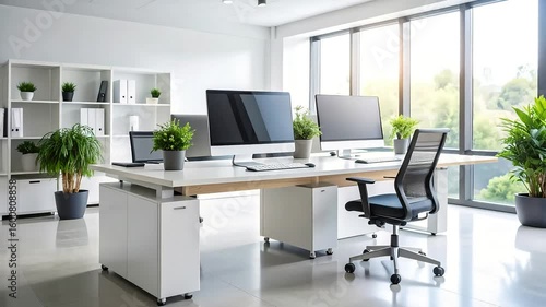 Wallpaper Mural Modern minimalist office interior with desk and computer Torontodigital.ca