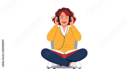Girl enjoying music and book with headphones in a cross-legged seated position on a chair isolated on a white background