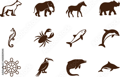 Silhouette vector animal collection: horse, dog, elephant, deer, wolf, cat, bear, tiger, bird, farm, and wild mammal illustrations