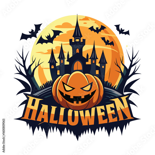 Spooky Halloween Night Castle Pumpkin Bats Moon