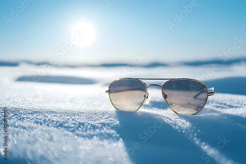 Aviator sunglasses on snow with bright sunlight creating shadow and glare, winter scene