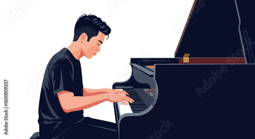 An Illustrative Depiction of a Focused Young Pianist Engaged in a Serene Piano Performance