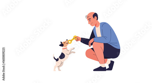 A heart-warming illustration of a senior man bonding with his playful dog during an indoor game session full of joy and interaction