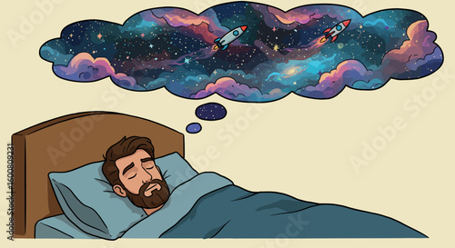 Dreaming of space adventure: a man imagines rockets and galaxies