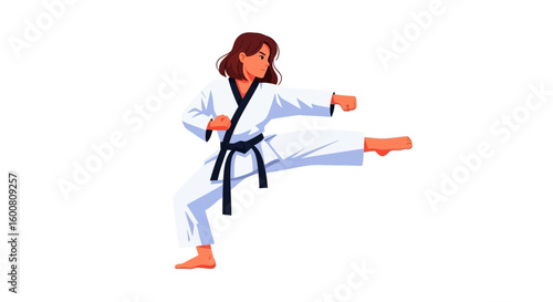 Focused female karate practitioner executing a side kick in traditional uniform showcasing the precision and dynamism of martial arts training