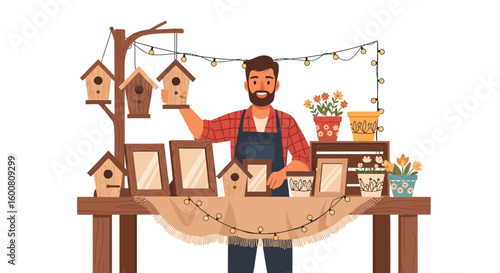 Artisan's Craft Stall: A Cheerful Vendor Showcasing Handmade Birdhouses, Picture Frames, and Flower-filled Pots at an Outdoor Market Display