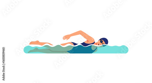 Illustrative portrayal of a swimmer executing the front crawl stroke in a stylized aquatic environment showcasing streamline position