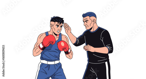 Animated boxing match scene showcasing a dedicated trainer guiding a focused athlete during a crucial training session in preparation for a