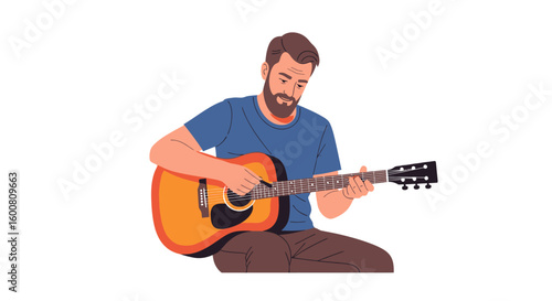 Bearded guitarist immersed in his music, practicing fingerstyle on an acoustic guitar at home, creating a harmonious atmosphere with focus and passion