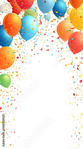 Colorful balloons and confetti frame a black space