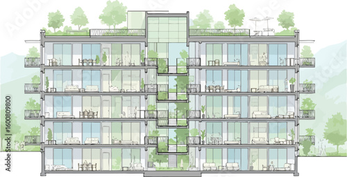 Architectural cross section drawing of a modern sustainable apartment building with balconies and rooftop greenery