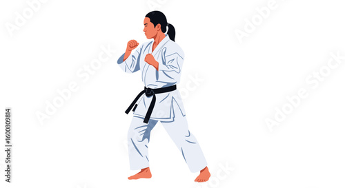 Female karate practitioner in a defensive stance, demonstrating the strength and focus of martial arts training and discipline through vector