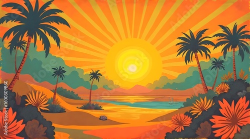 Beautiful sunburst retro vibes.Graphic print groovy background.60s,70s colorful fashioned.  

