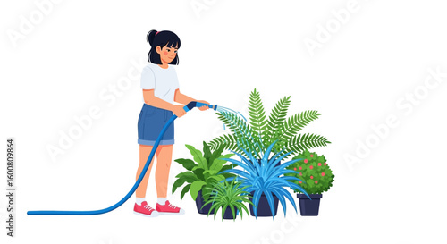 Illustration of a young woman watering potted plants with a garden hose on a white background