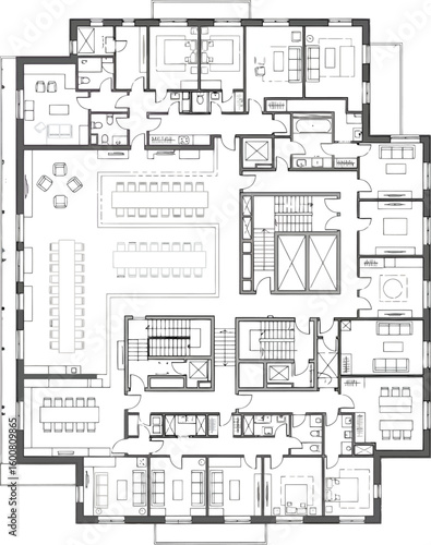 Detailed architectural floor plan drawing of a large residential building with multiple rooms and layouts