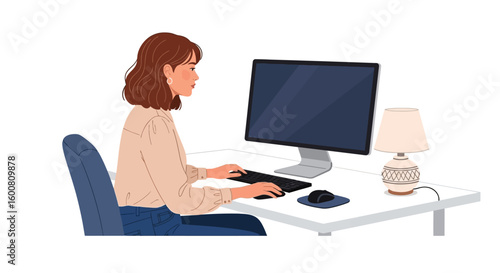 Focused freelance professional typing on a computer, working from home on a bright, clean desk during daytime hours, lamp illuminating workspace