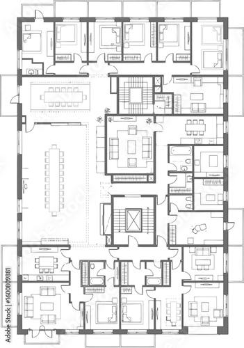 Detailed architectural floor plan of a multi story building showcasing interior layout and room divisions with precise linework