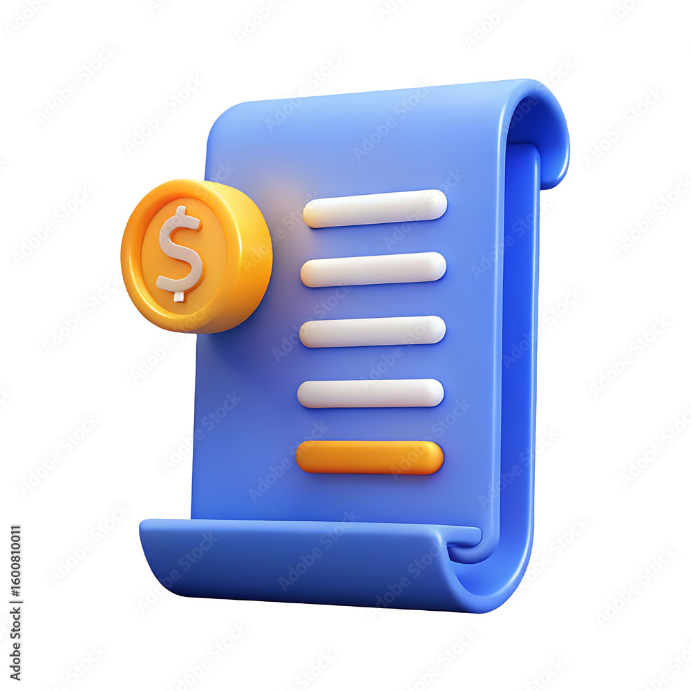 3D Blue Bill with White Lines, Orange Bottom, and Gold Coin Illustrating Financial Transactions and Payment Processing 3D Blue Bill with White Lines, Orange Bottom, and Gold Coin Illustrating Financial Transactions and Payment Processing