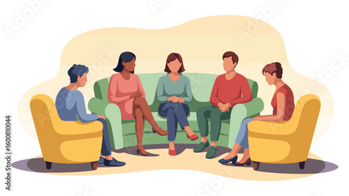 Group Dialogue and Connection Concept — Diverse Individuals Sitting in Circle Engaged in Relaxed Discussion Symbolizing Community and Sharing