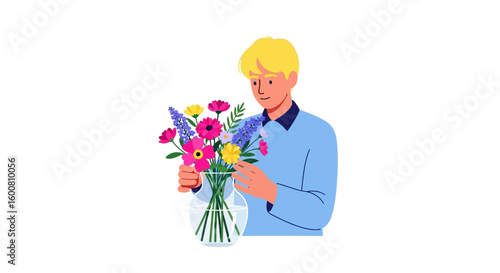 Man thoughtfully arranging vibrant floral bouquet in a glass vase on a pristine white backdrop for artful decoration