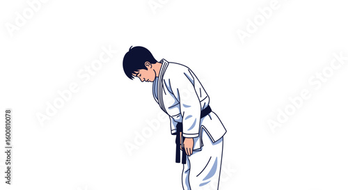 Animated martial arts practitioner bowing respectfully in traditional garb on white backdrop for design projects and educational content