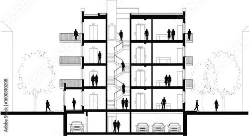 Architectural cross section drawing of a modern multi story building with balconies staircases and interior views of occupants