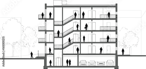 Architectural cross section drawing of a modern multi story residential building with people on balconies and stairs