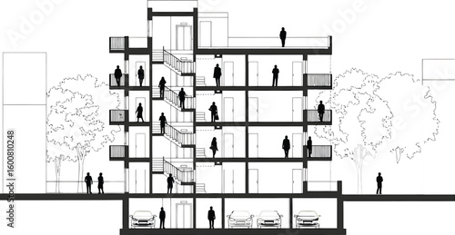 Architectural cross section drawing of a modern multi story building with balconies and people on multiple levels