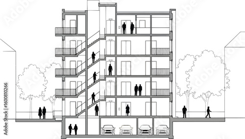 Architectural cross section drawing of a modern residential building showcasing multiple floors balconies staircases and people interacting within the structure