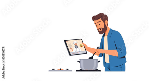 Digital Age Culinary: Man Following Online Cooking Class While Preparing a Meal at Home