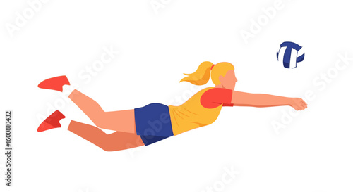 Dynamic volleyball player executing a diving save in a vector illustration format emphasizing agility and sportswomanship