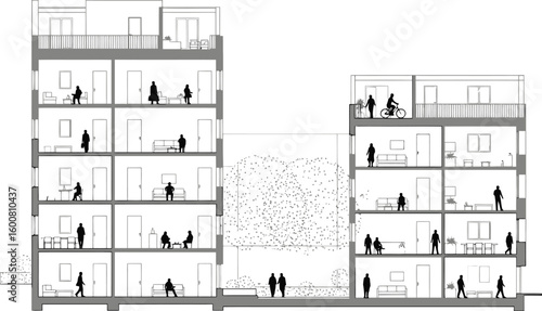 Architectural section drawing of a modern multi story building with people depicted on each floor