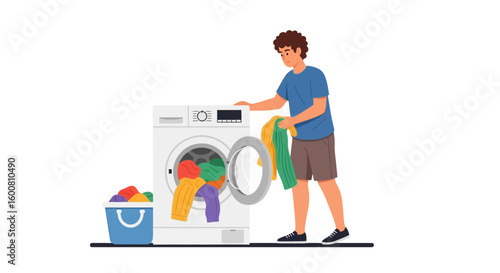 Cartoon Man Unloading Vibrant Laundry from Washing Machine with Bucket Full of Clothes Displayed in a Clean Environment