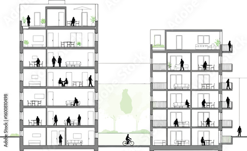 Detailed architectural cross section drawing of modern multi story residential buildings with people inside each apartment
