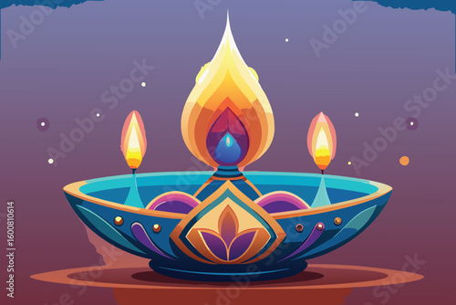 Diwali Diya Lamp Design with Dog Illustration Elements for Festive Occasion