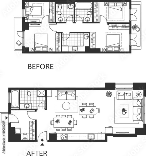 Visual comparison of a before and after apartment floor plan renovation showcasing improved layout and functionality