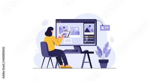 Creative process and remote design work concept illustration, graphic designer working from home using digital tools to achieve the best result