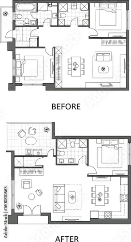 Visual comparison of apartment floor plan before renovation and after modern renovation showing layout changes