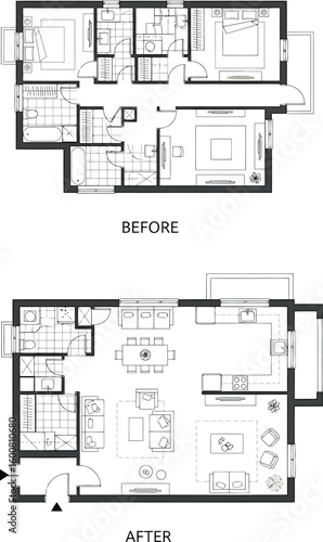 Comparing before and after floor plans illustrating a home renovation and modernization project