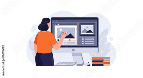 Digital graphic artist designing on a computer, illustration of a professional at work creating vector art for clients in the creative industry