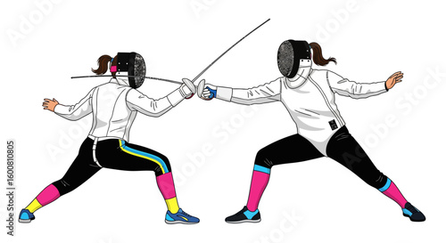 Dynamic fencing duel depiction, showcasing focus and competitive spirit between two fencers in action