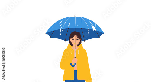 Isolated illustration presenting a melancholic woman sheltering from rain beneath a vibrant blue umbrella, dressed in a vibrant yellow raincoat