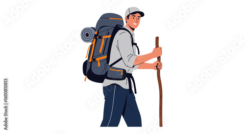 Hiking enthusiast equipped for an outdoor adventure, featuring a backpack and hiking stick for the journey