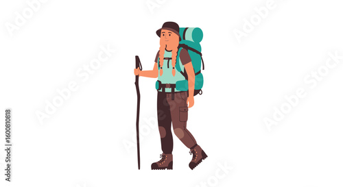 A determined female hiker, equipped with a trekking pole and a substantial backpack, traverses a serene trail filled with the quiet promise of
