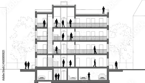 Architectural cross section drawing of a modern multi story residential building with balconies and people on each level