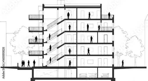 Architectural cross section drawing of a modern multi story residential building with balconies and interior human figures illustrating life within